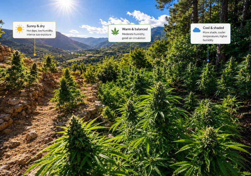 Cannabispflanzen an einem sonnigen Outdoor-Standort mit unterschiedlichen Mikroklimazonen