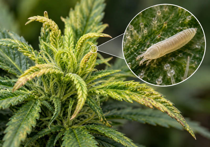 Acariens roussâtres du chanvre sur le cannabis avec symptômes typiques sur de jeunes feuilles