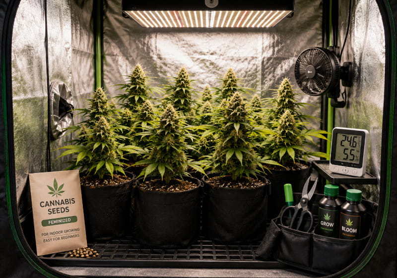 Graines de cannabis indoor pour débutants – plantes compactes dans une box de culture