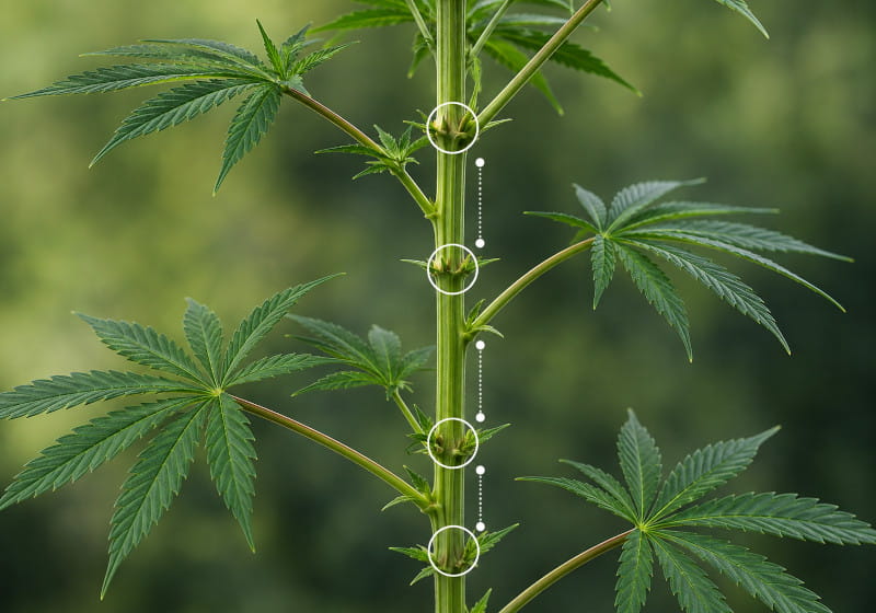 Cannabis Nodien und Internodien am Hauptstamm