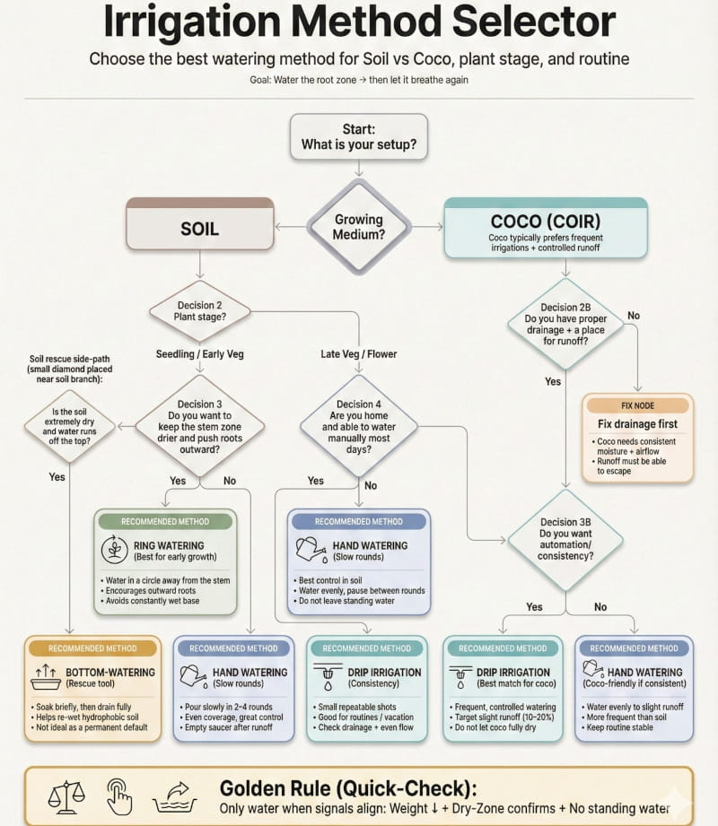 Choisissez la meilleure méthode d'arrosage pour le sol, la fibre de coco, la culture hydroponique, le stade de développement des plantes, etc.