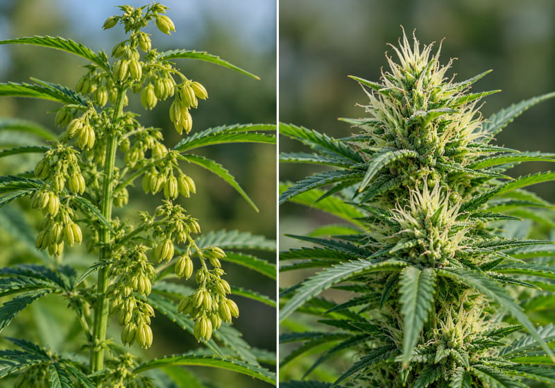 Comparación entre plantas de cannabis macho y hembra: inflorescencias, sacos de polen y flores femeninas en la mejora genética