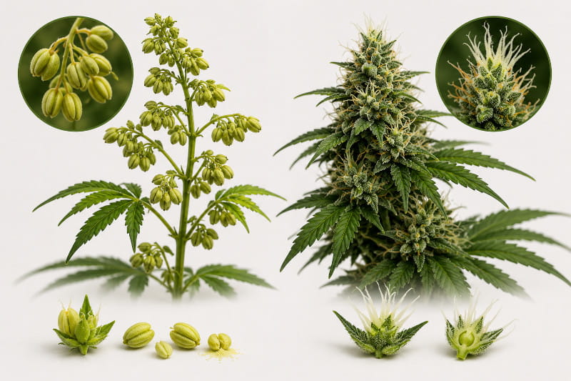 Fleurs de cannabis mâles et femelles en comparaison botanique