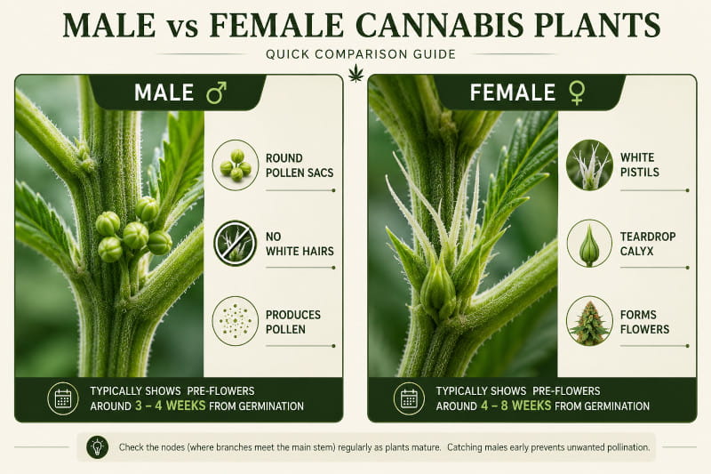 Vergleich männliche vs. weibliche Cannabispflanze