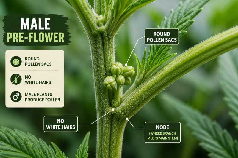 Männliche Cannabis-Vorblüte mit runden Pollensäcken