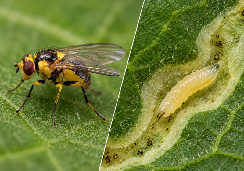 Comparaison schématique en gros plan d’une mouche mineuse adulte et d’une larve mineuse claire