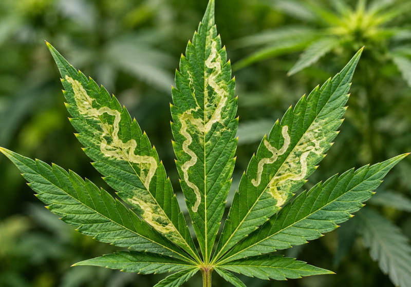 Feuille de cannabis présentant des galeries claires et sinueuses, illustration schématique des dégâts causés par les insectes mineurs des feuilles