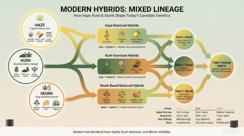 moderne Hybridlinien mit Skunk, Haze und Kush