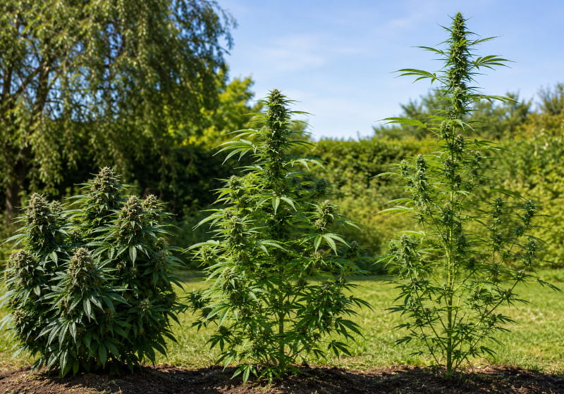 Vergleich verschiedener Outdoor Cannabissorten mit kompakter, mittlerer und hoher Pflanzenstruktur