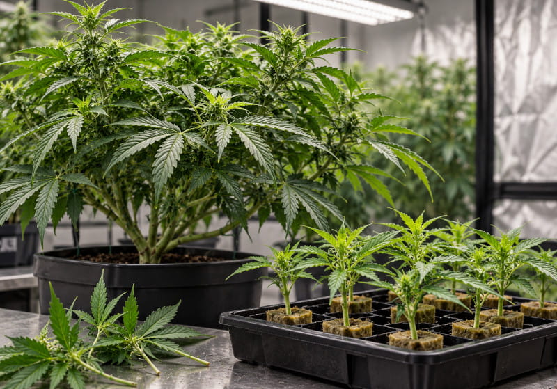 Plante mère de cannabis photopériodique avec de jeunes boutures