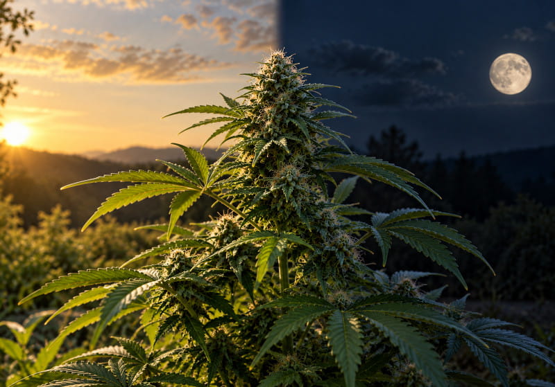 Plant de cannabis photopériodique entre lumière du jour et phase d’obscurité
