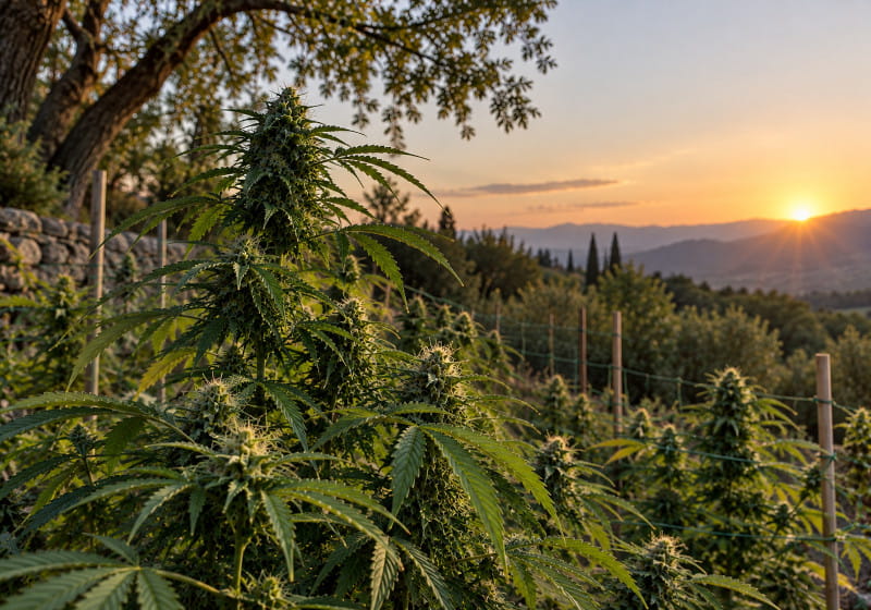 Plant de cannabis photopériodique en extérieur sous la lumière naturelle saisonnière
