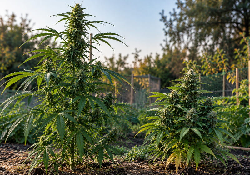 Comparaison visuelle entre un plant de cannabis photopériodique et une autofloraison