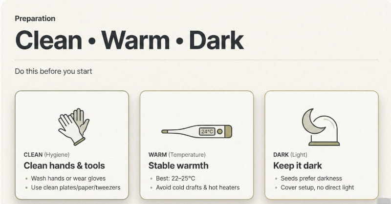Préparation : essayez-le propre, chaud et sombre.