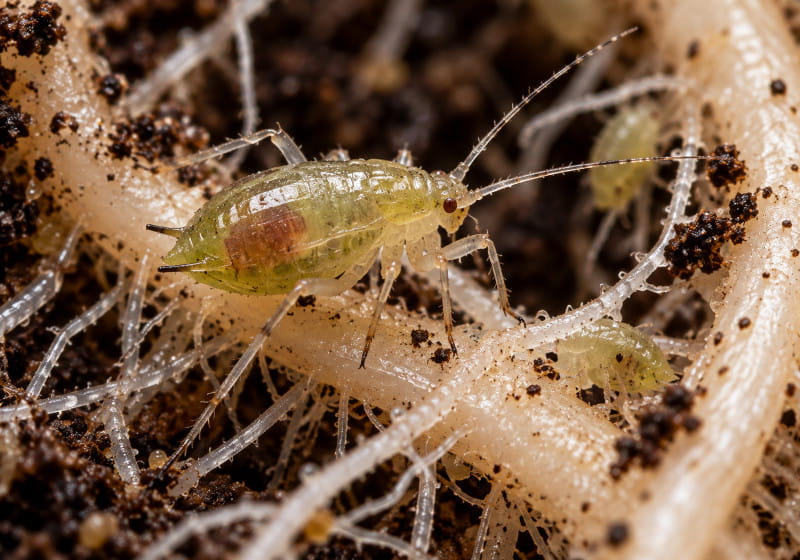 Macrophotographie d’un puceron des racines du riz (Rhopalosiphum rufiabdominale) sur de fines racines de cannabis dans la terre