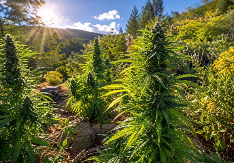 Robuste Cannabispflanzen an einem sonnigen, natürlichen Outdoor-Standort