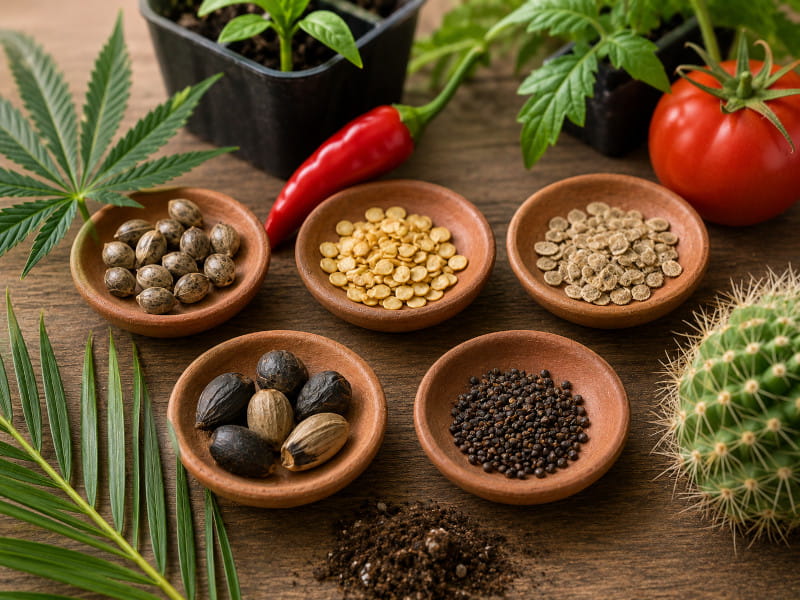 Différents types de graines difficiles à germer : cannabis, piment, tomate, palmier et cactus