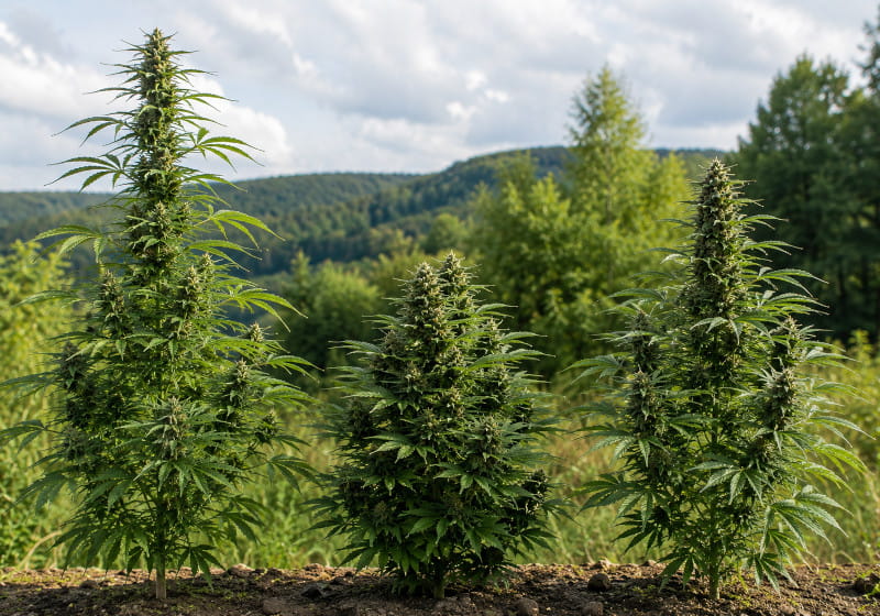 Sativa Indica und Hybrid Outdoor Cannabispflanzen im direkten Wuchsvergleich