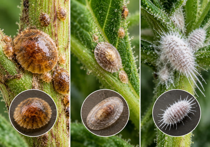 Illustration comparative de cochenilles à carapace molle, à bouclier et farineuses sur le cannabis : corps bombé, bouclier plat et filaments cireux blancs.