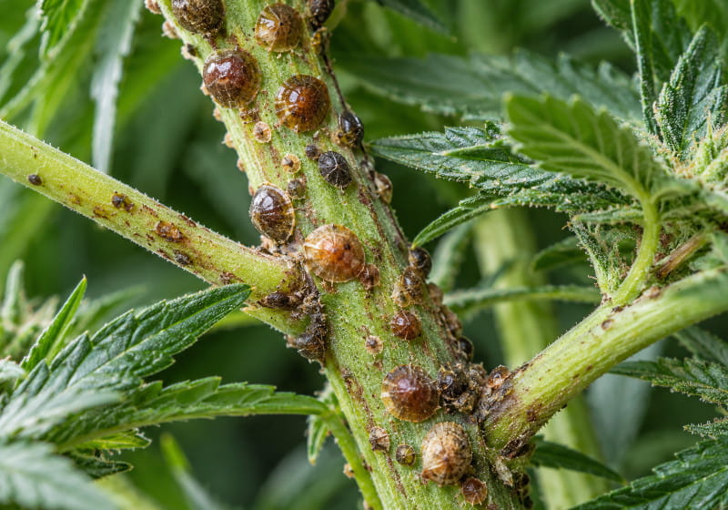 Illustration macro d'une tige de cannabis avec des cochenilles brunes sur la tige et les ramifications.