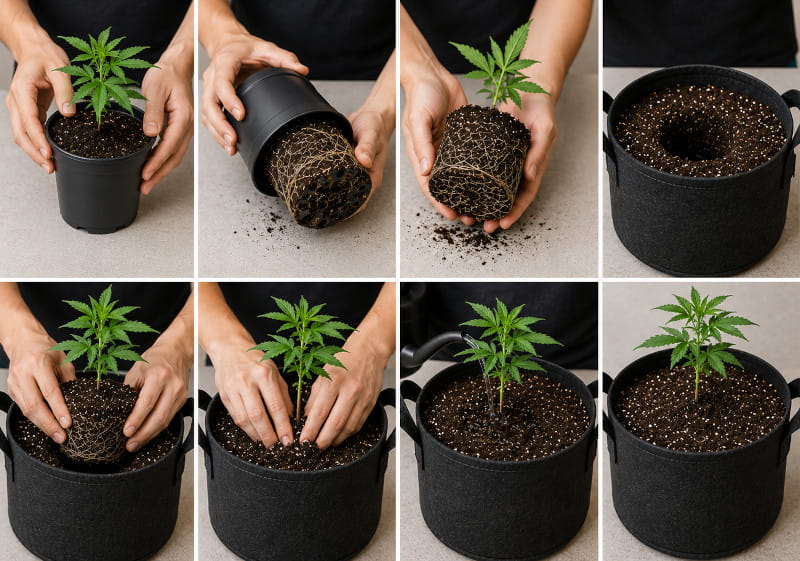 Cannabispflanze mit intaktem Wurzelballen beim Umtopfen