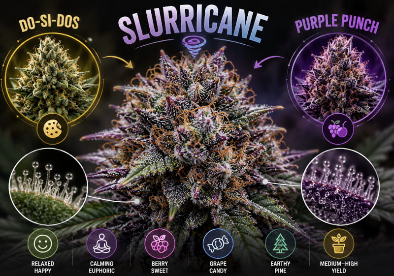 Slurricane – fleurs violettes et vertes, trichomes et représentation stylisée des parents Do-Si-Dos et Purple Punch