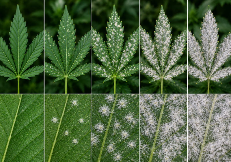 Frühe Symptome von Mehltau auf Cannabisblättern