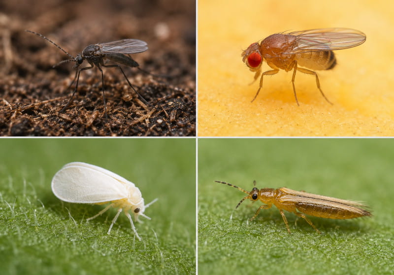 Trauermücke, Fruchtfliege, Weiße Fliege und Thrips im direkten Vergleich