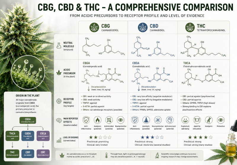 Comparaison du CBG, du CBD et du THC : précurseurs acides, profil des récepteurs et niveau de preuve