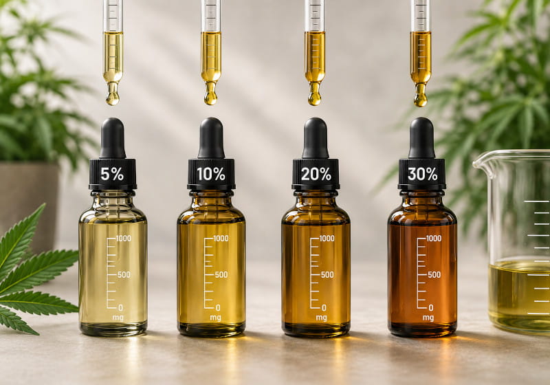 Comparaison des huiles de CBD à 5 %, 10 %, 20 % et 30 % avec pipettes et échelle en mg