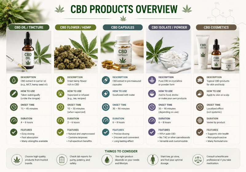Übersicht verschiedener CBD-Produkte – Öl, Blüten, Kapseln, Isolat und Kosmetik