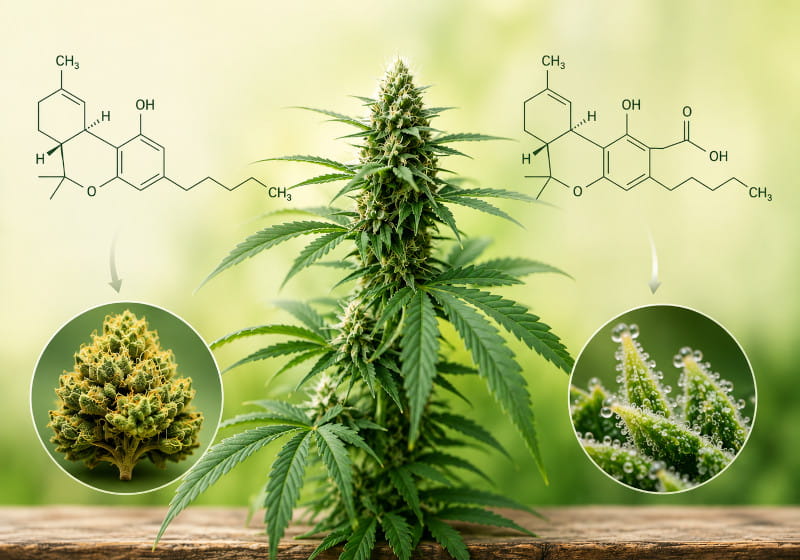 Was ist THC - THC-Molekül, Cannabispflanze und THCA als natürliche Vorstufe