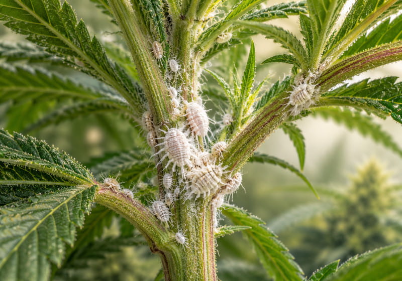 Illustration d’une colonie de cochenilles farineuses sur une ramification de cannabis
