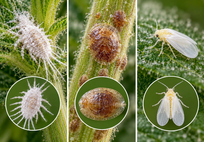 Comparaison schématique entre une cochenille farineuse, une autre cochenille et un aleurode