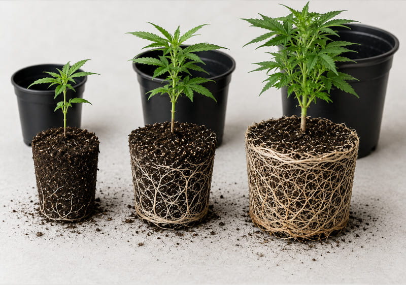 Cannabis Wurzelballen als Orientierung für den richtigen Umtopfzeitpunkt