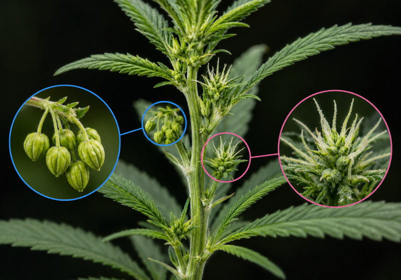 Zwitter Cannabispflanze mit markierten männlichen und weiblichen Blütenmerkmalen