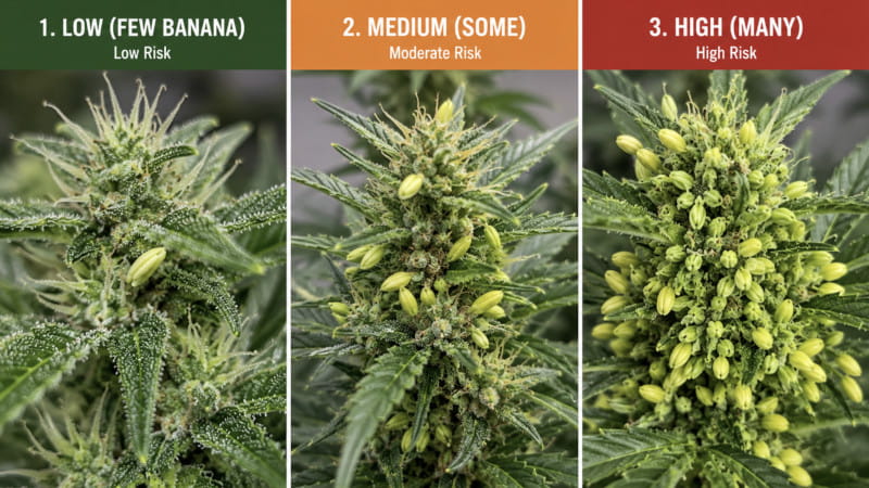 Zwitterpflanze mit einzelnen Pollensäcken, Männliche Blüten an einer weiblichen Cannabispflanze, Detailaufnahme einer zwittrigen Blüte